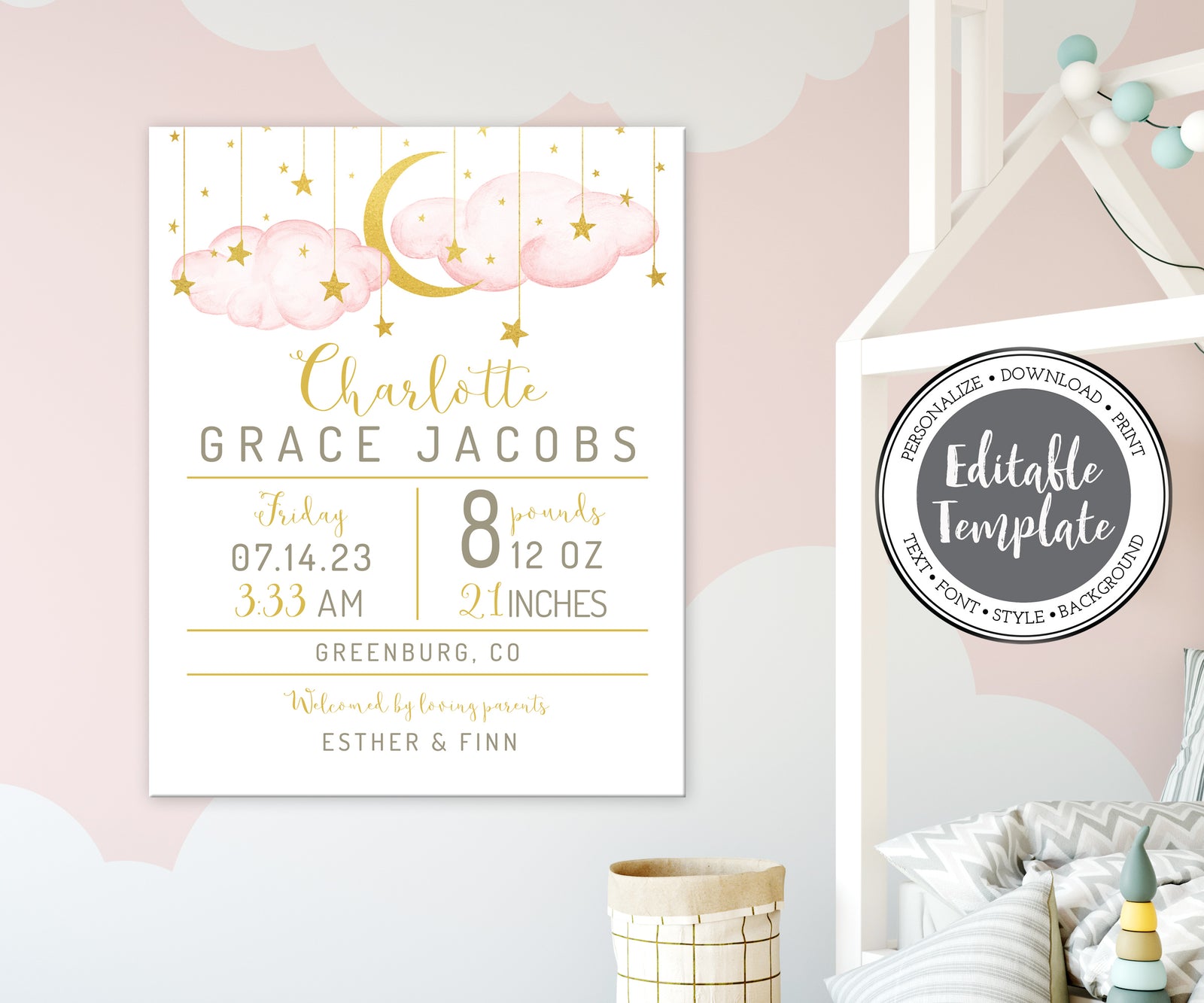 birth stats nursery wall art with pink clouds, gold moon and stars