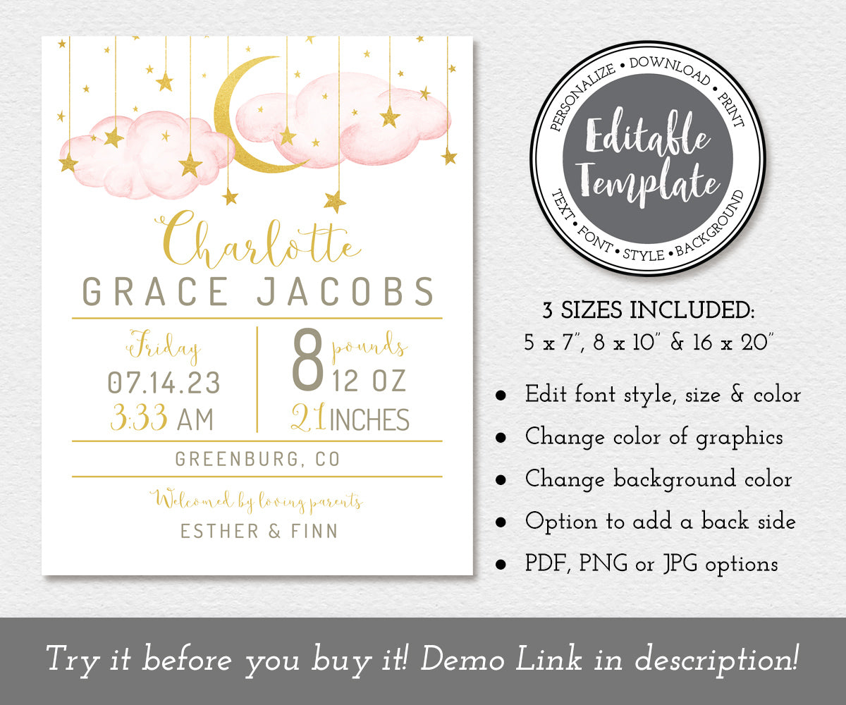 birth stats editable template with pink clouds, gold moon and stars
