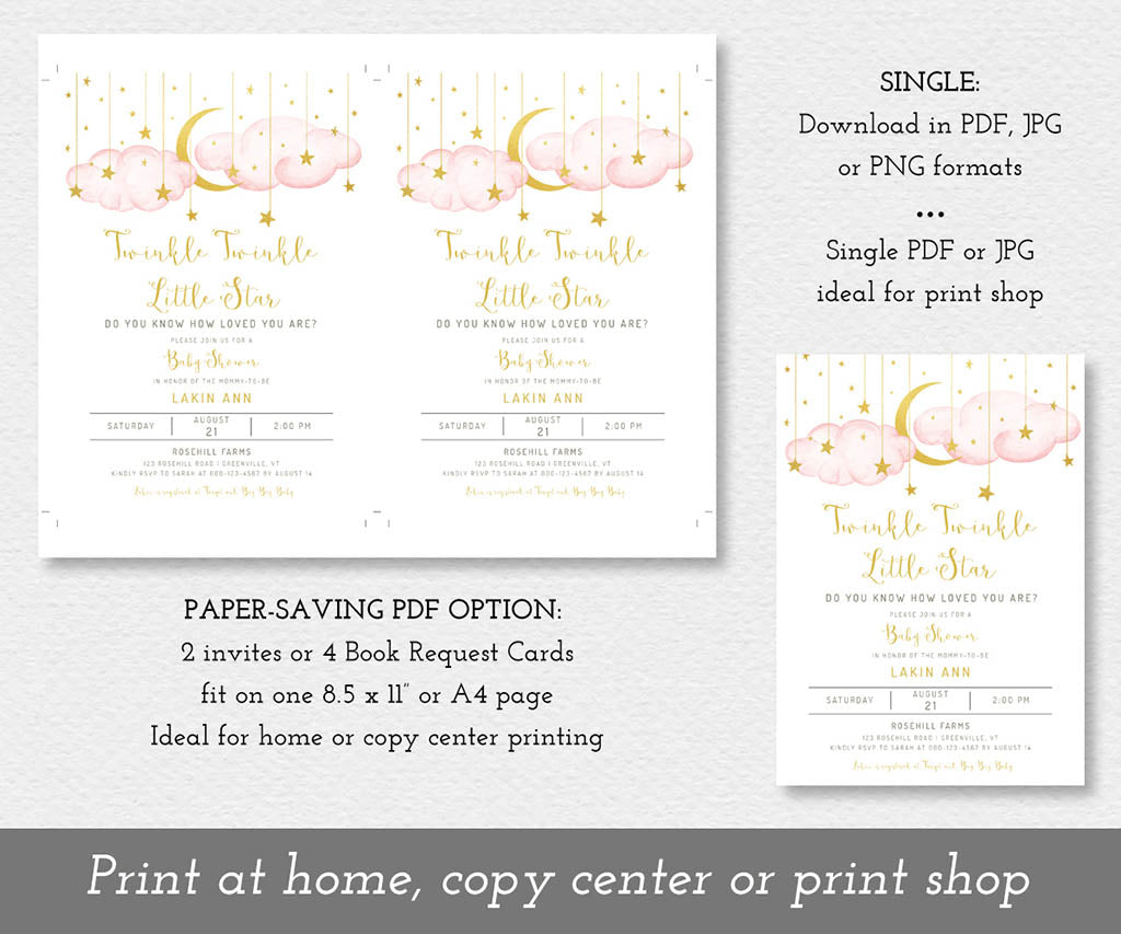 Twinkle twinkle little star pink and gold baby shower invitation template download options: two per page or a single.