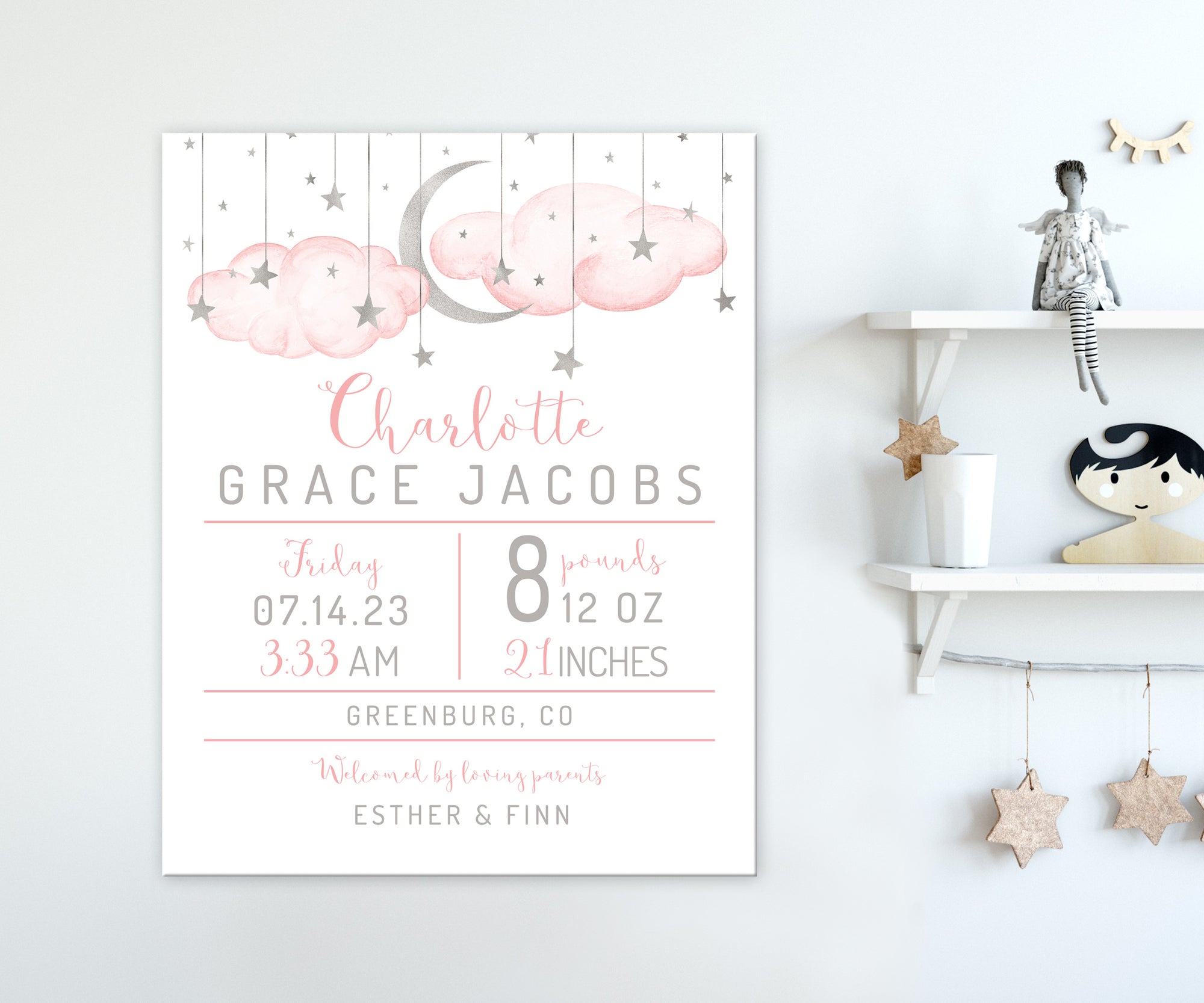 birth stats nursery wall art with pink clouds, silver moon and stars and birth details