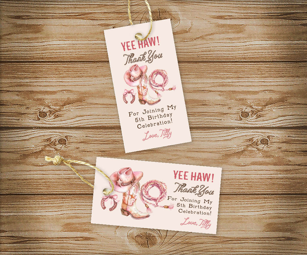 Pink cowgirl birthday rectangle favor tags with Yee Haw text, cowgirl hat, boots and lasso.