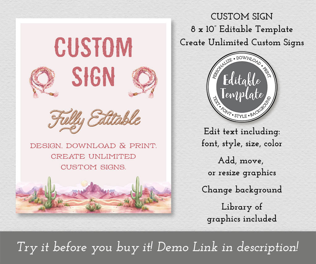 Pink cowgirl western birthday custom sign editable template.