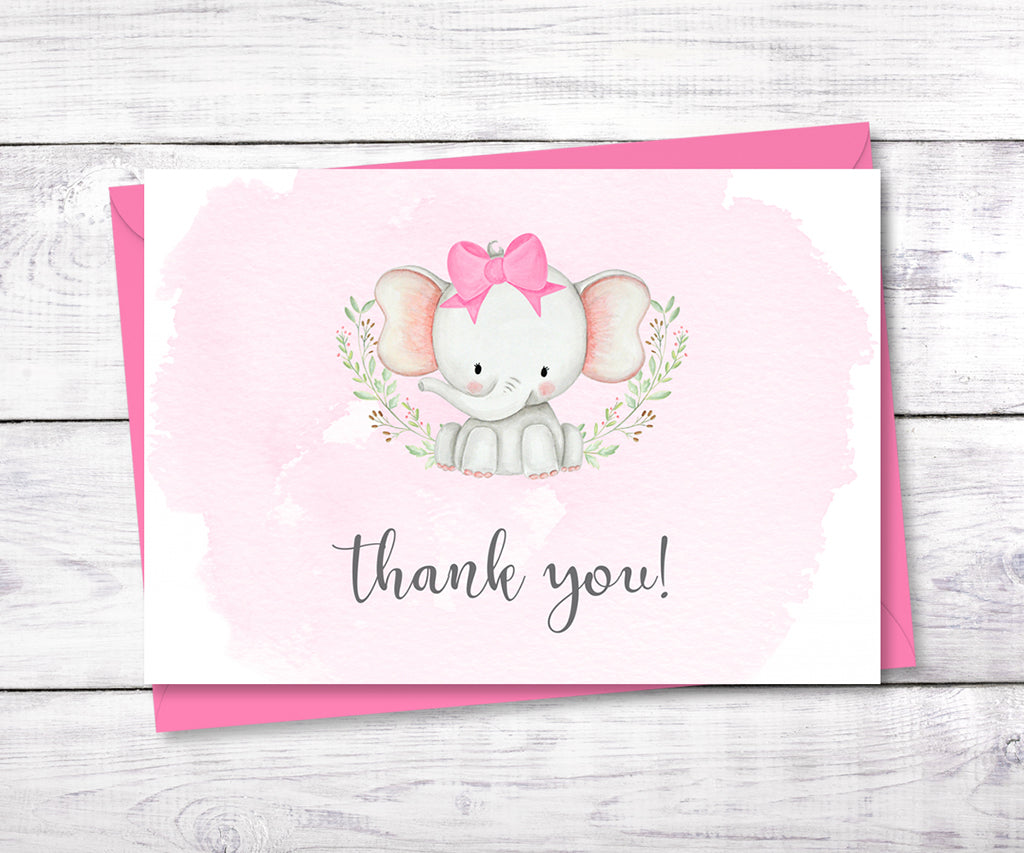 Pink elephant girl baby shower thank you card.