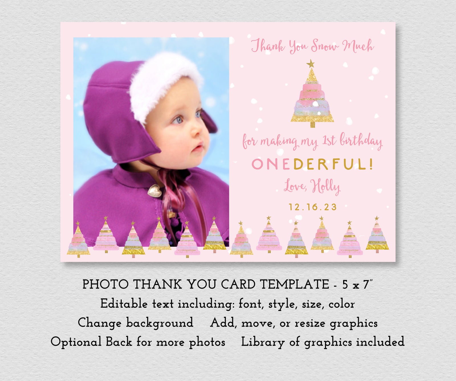Pink winter onederland first birthday photo thank you card editable template.