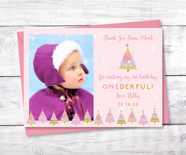 Pink winter onederland first birthday photo thank you card.