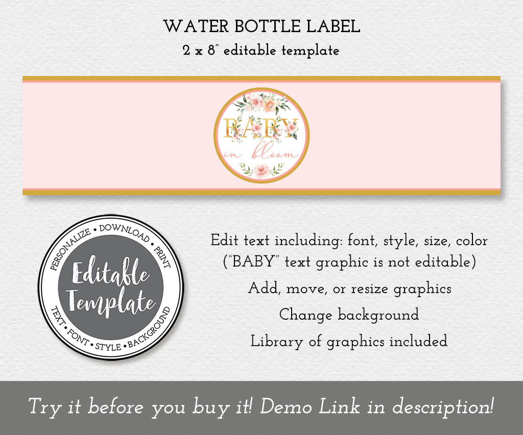 Pink floral Baby in bloom water bottle label editable template.