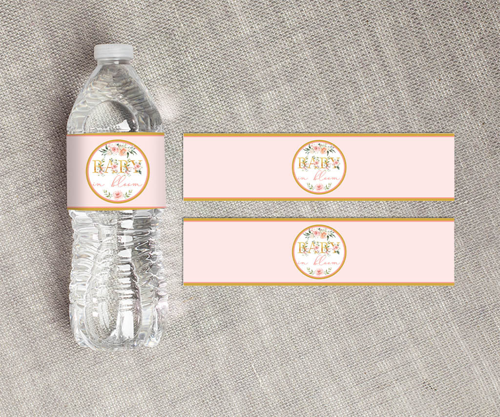 Pink floral Baby in bloom water bottle label.