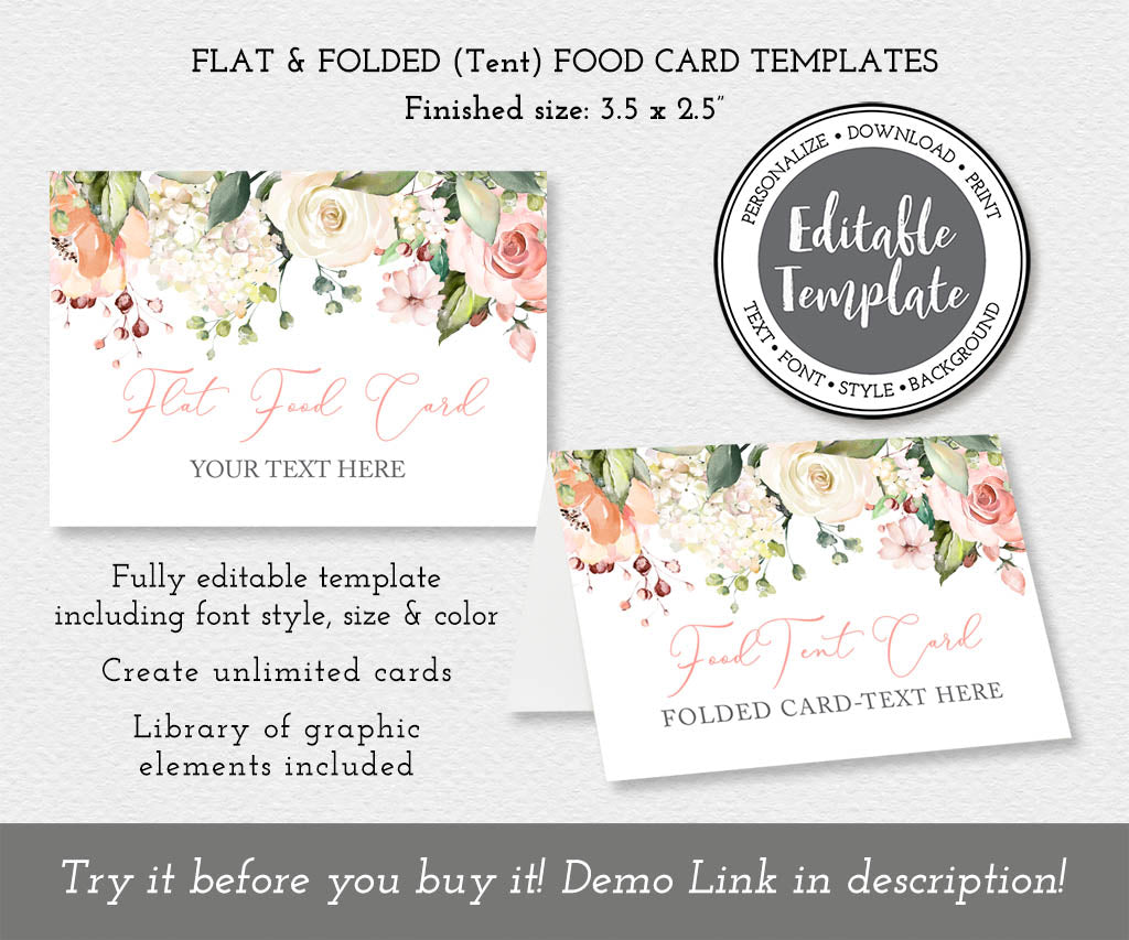 Flat and folded pink floral food card editable templates.