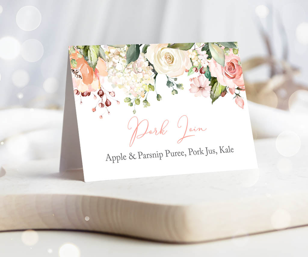 Pink floral food tent card.