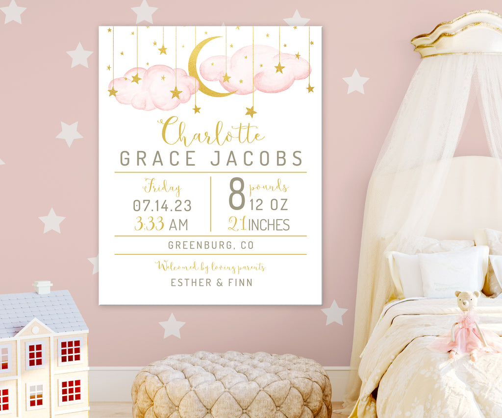 birth stats nursery art print with pink clouds, gold moon and stars, twinkle little star theme