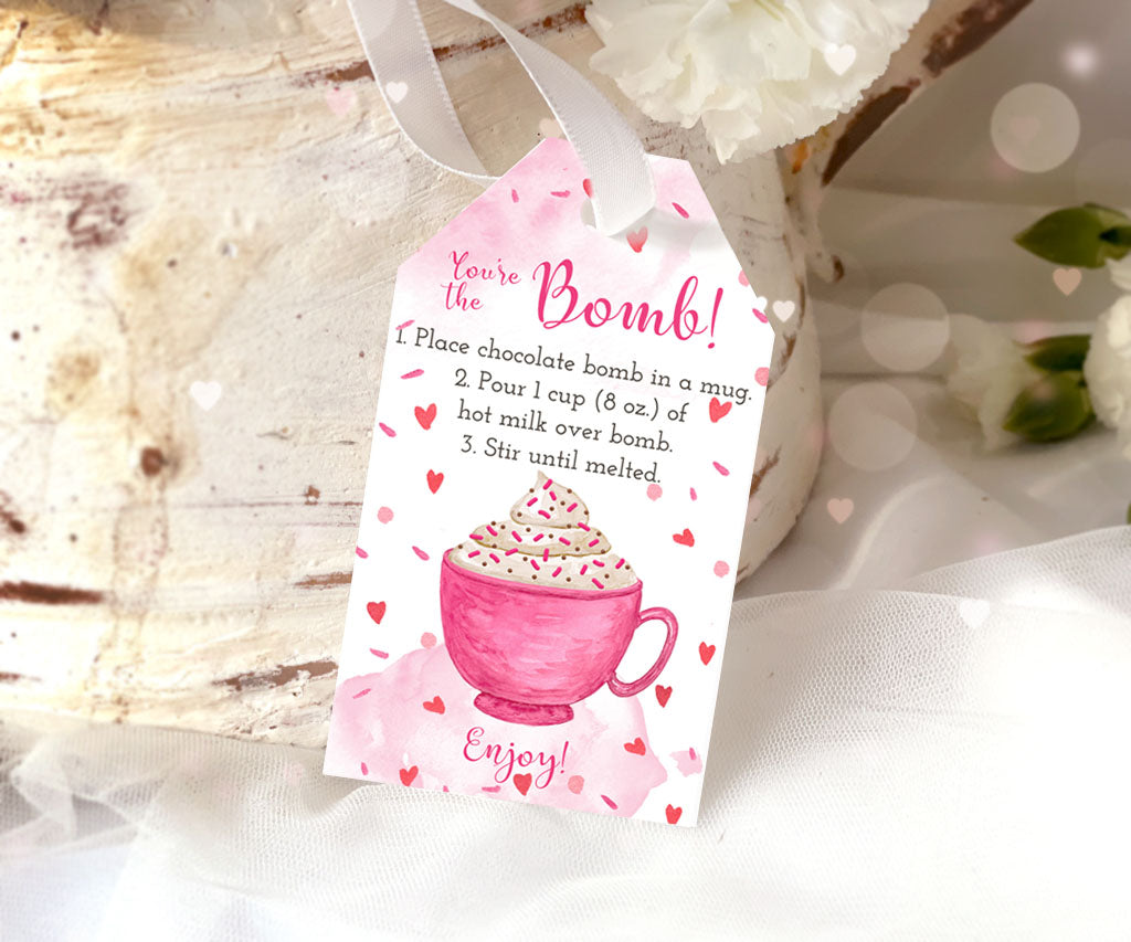 Pink hearts valentine rectangle chocolate bomb gift tag.