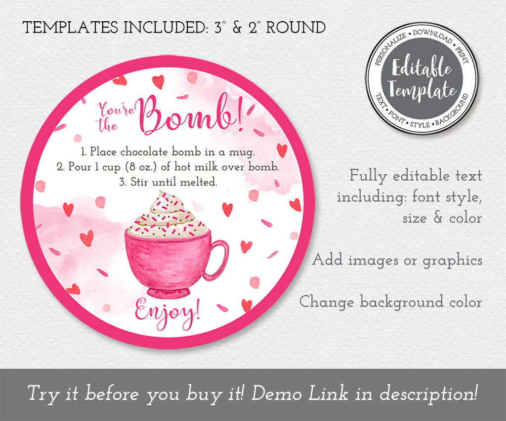 Pink hearts Youre the bomb, round chocolate bomb gift tag editable template.