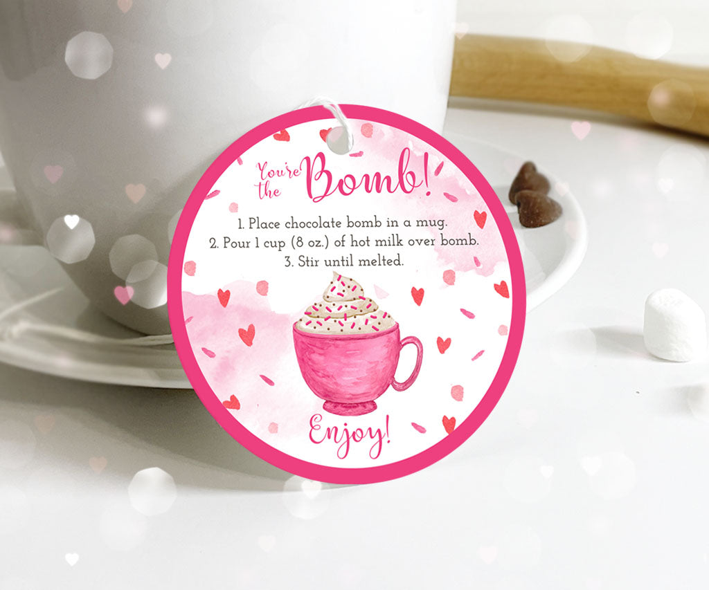 Pink hearts Youre the bomb, round chocolate bomb gift tag.