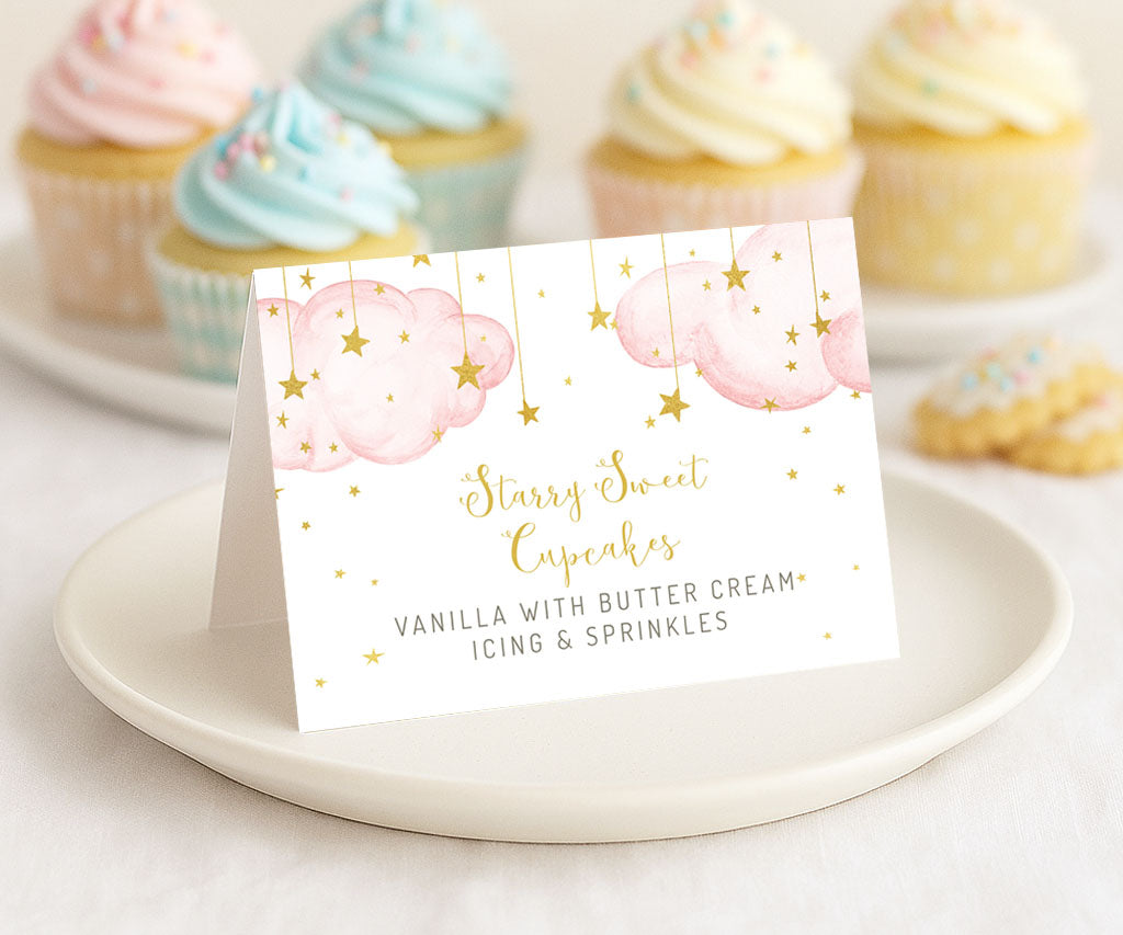 Pink clouds with moon and stars baby shower folded tent food card for dessert table.