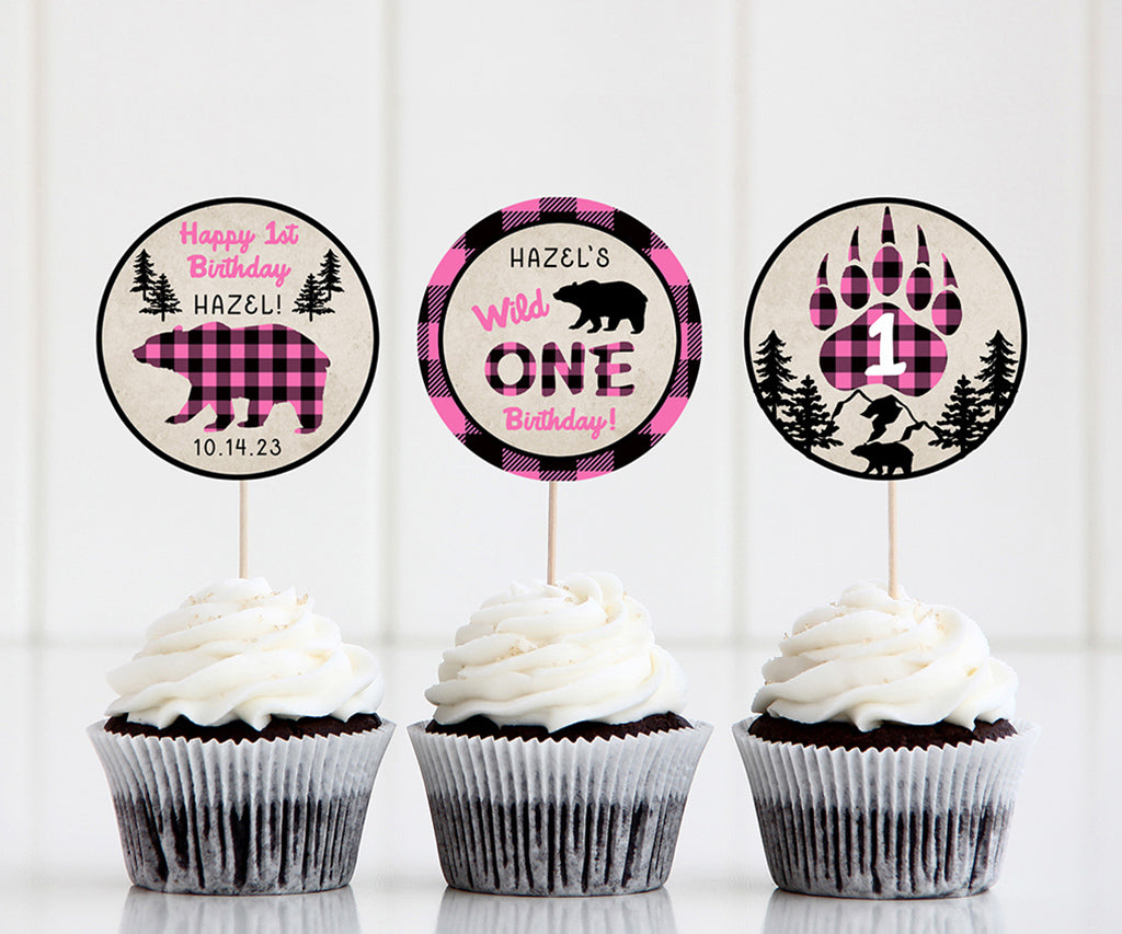 Pink plaid birthday cupcake toppers.