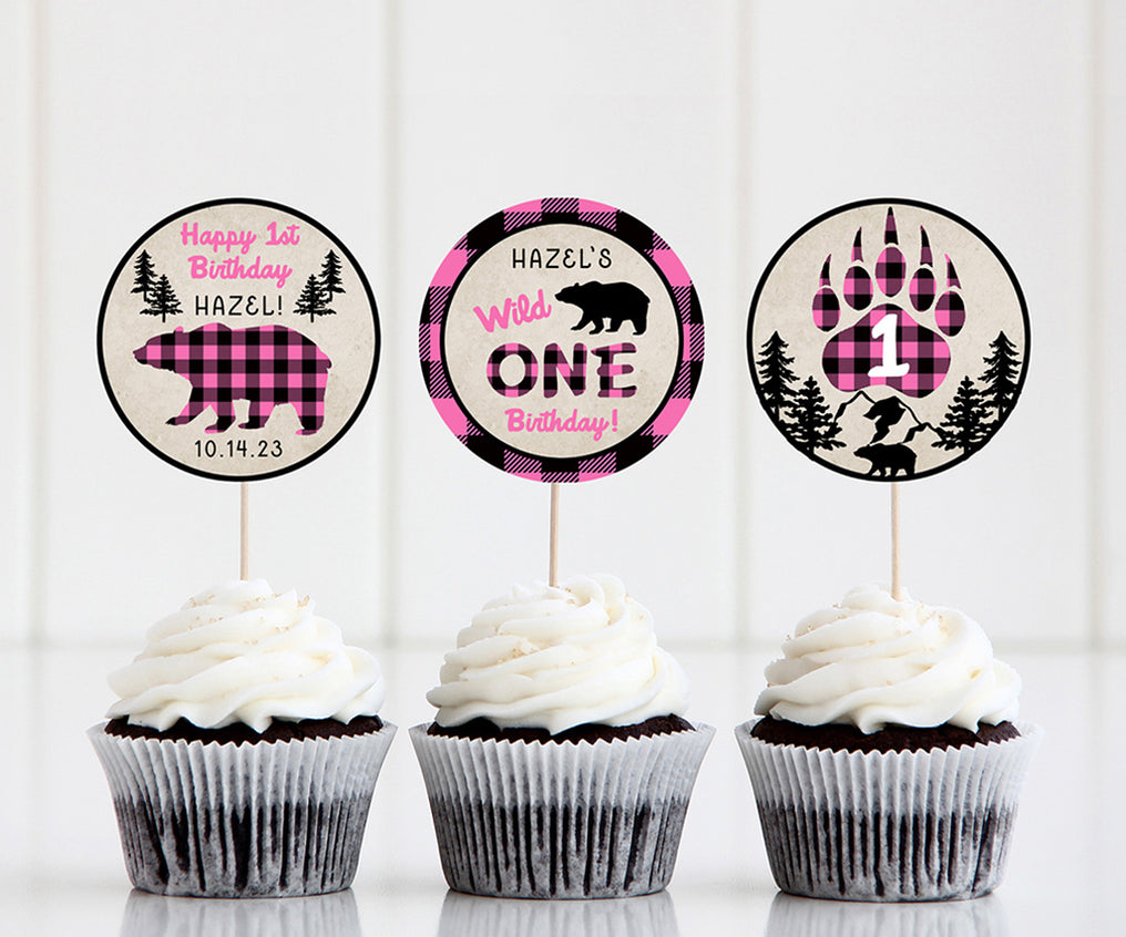 pink buffalo plaid wild one birthday cupcake toppers