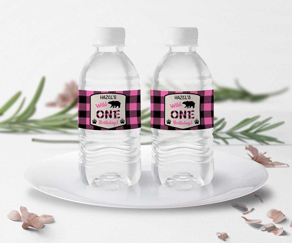 Pink plaid birthday party water bottle wrappers.