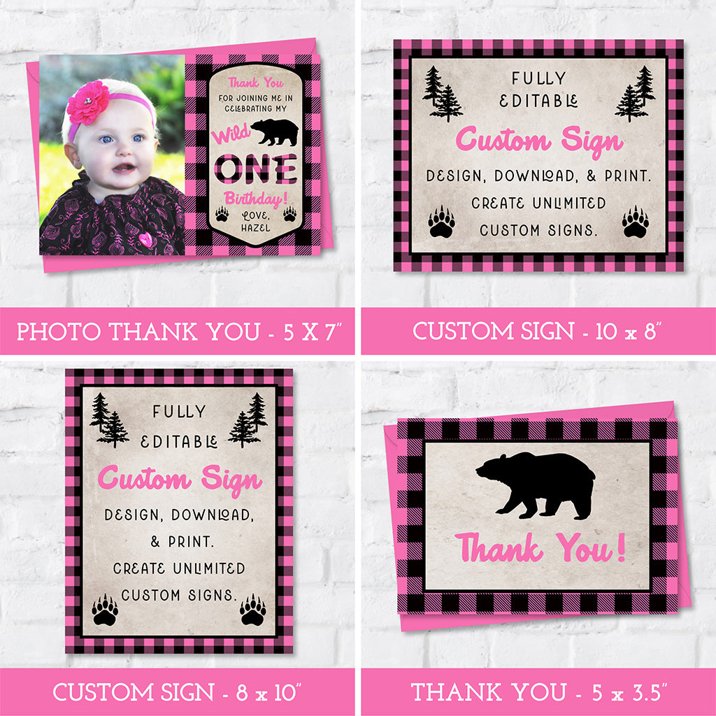 Pink plaid wild one birthday sign and thank you card templates.
