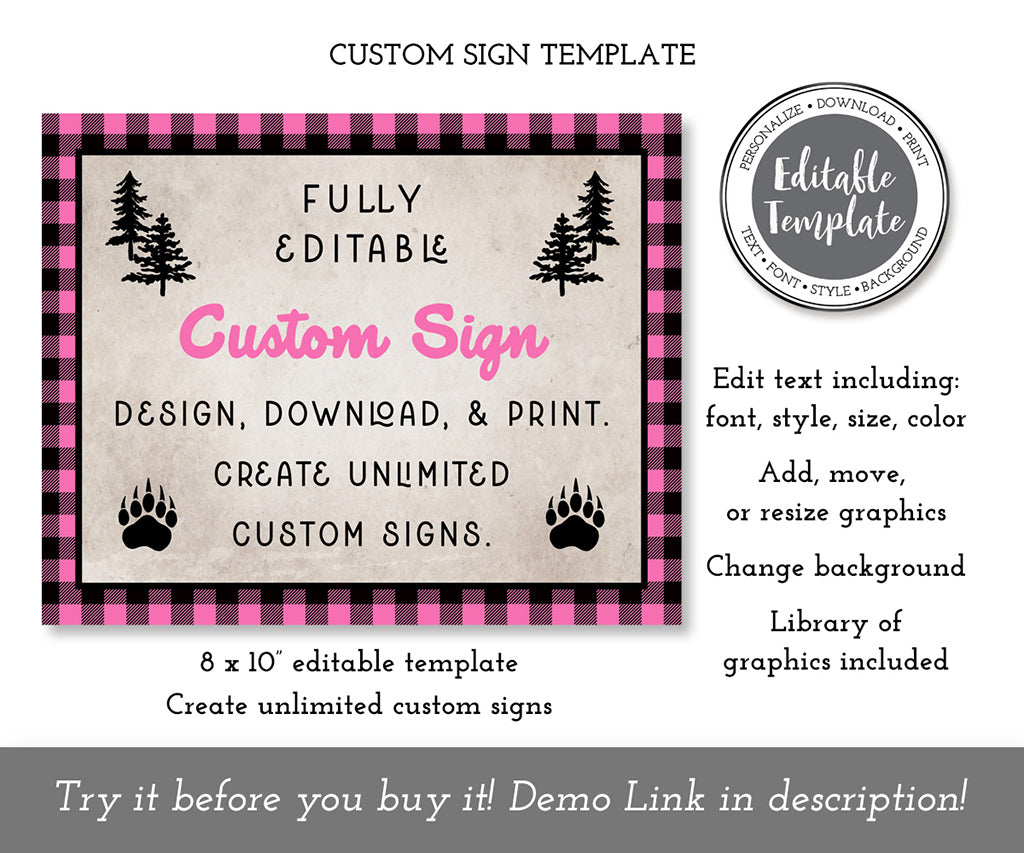 10 x 8" landscape pink buffalo plaid woodland custom sign template.