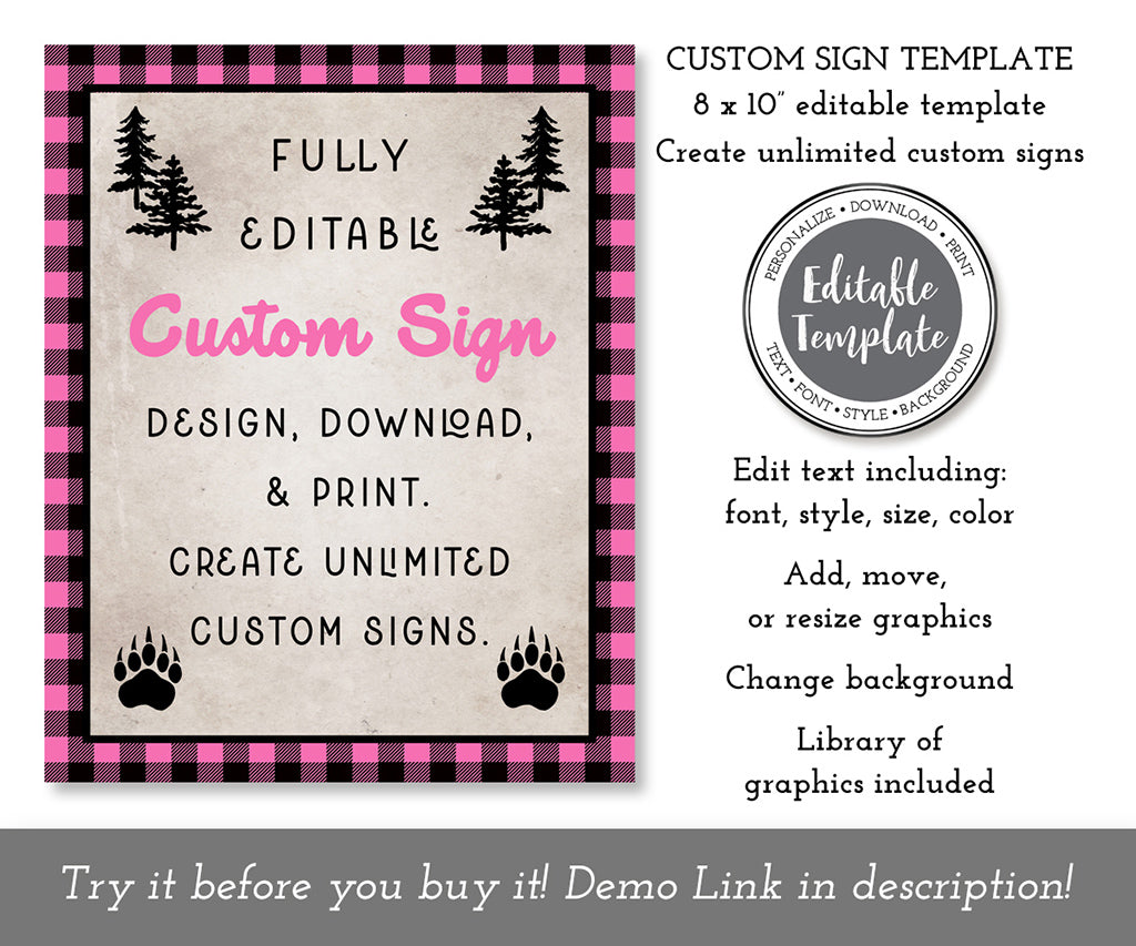 8 x 10" pink buffalo plaid custom sign editable template.