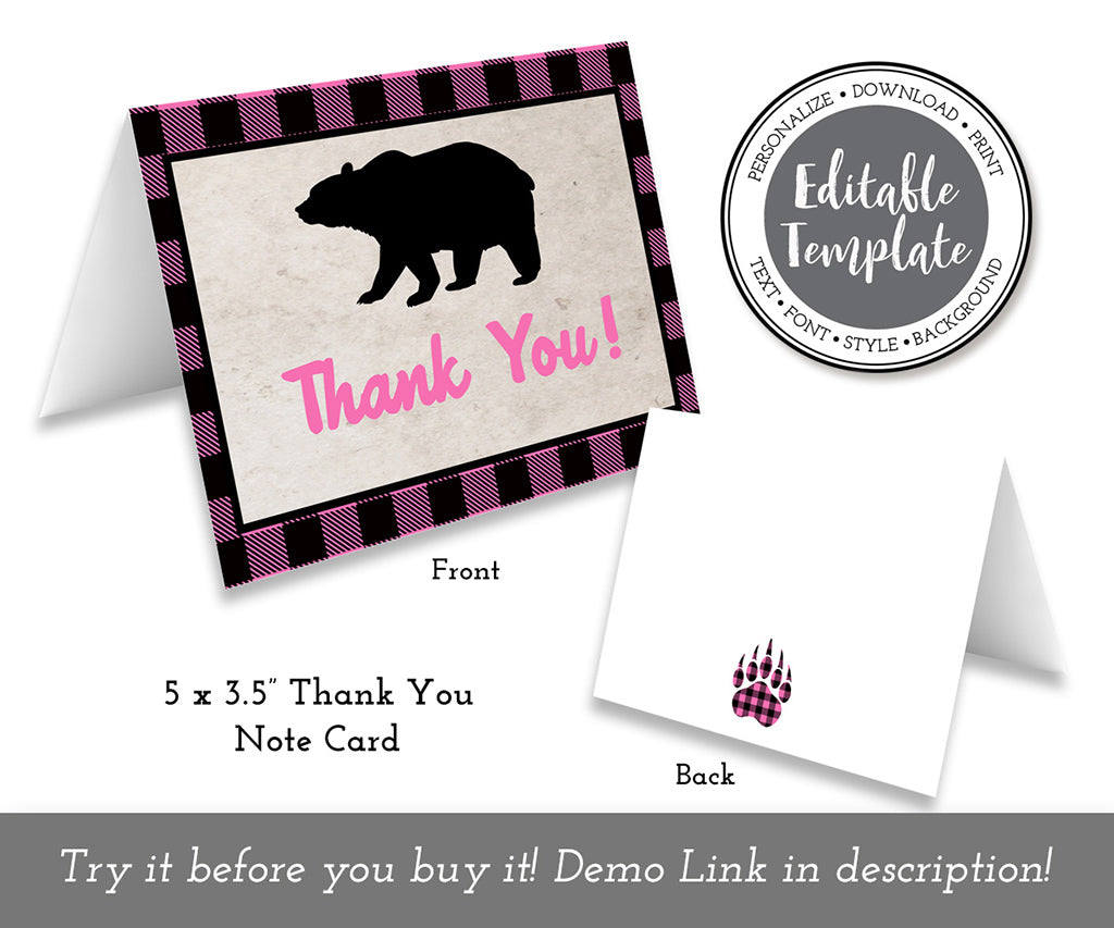 Pink buffalo plaid folded thank you card template with bear silhouette shown front and back.