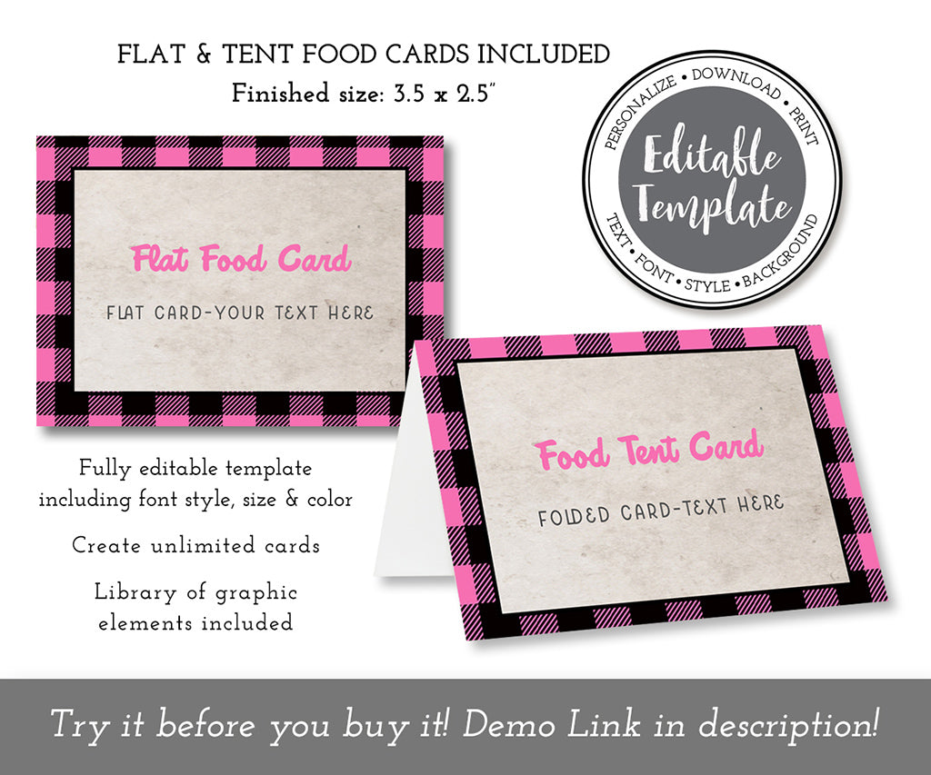 Pink buffalo plaid flat and folded food card editable templates.