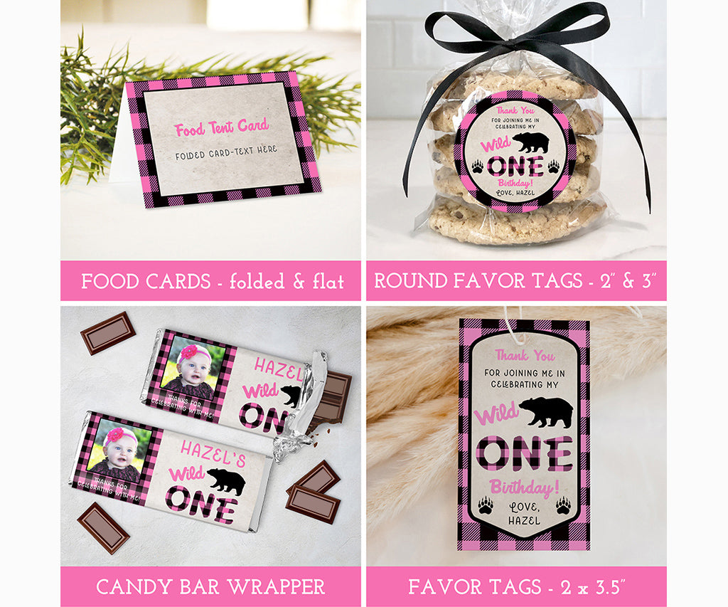 Pink plaid wild one birthday party food labels, gift tags and candy bar wrapper printable templates.
