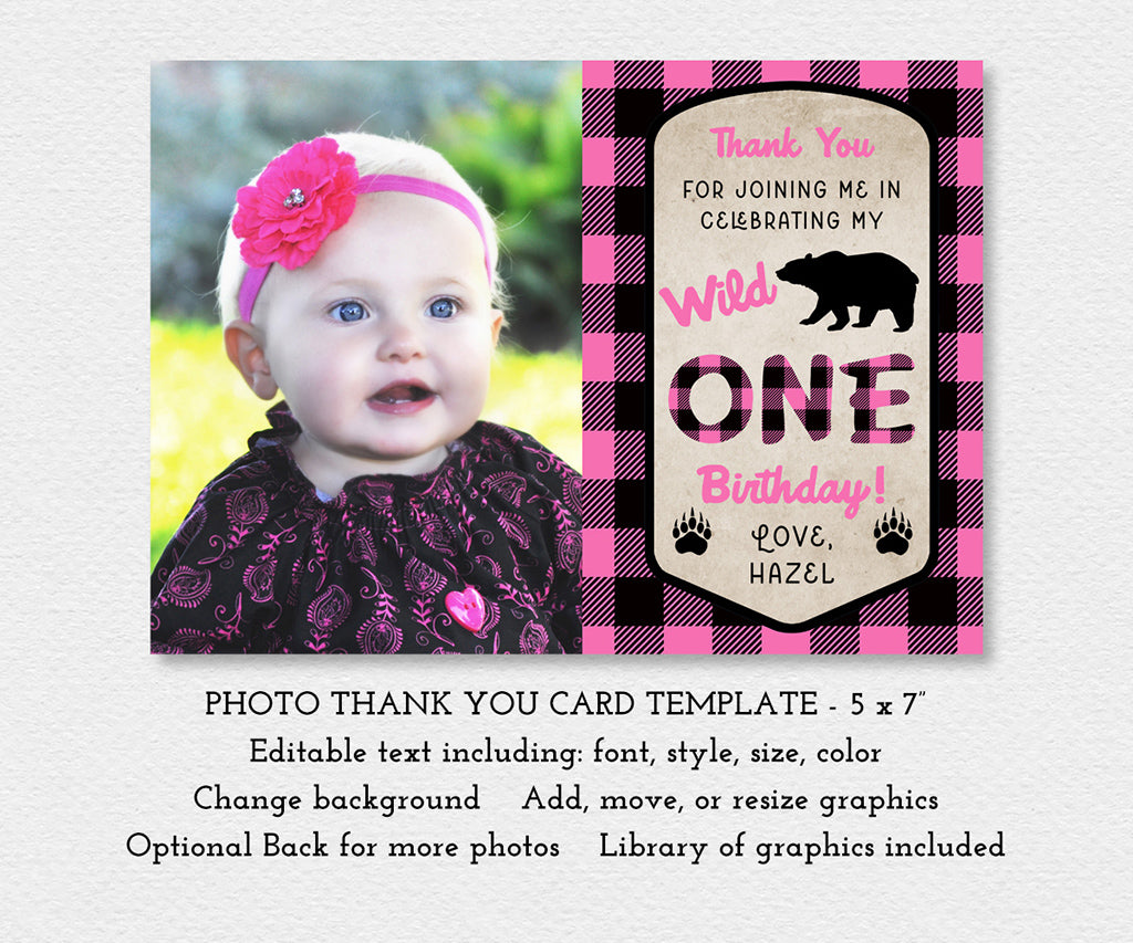 Pink buffalo plaid wild one birthday photo thank you card template.