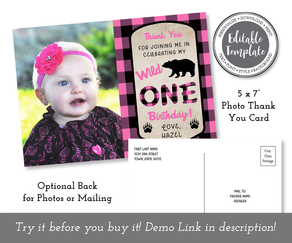 Pink buffalo plaid wild one birthday photo thank you card editable template.