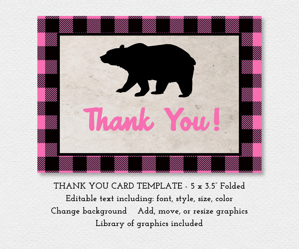 Pink buffalo plaid folded thank you card template with bear silhouette template.