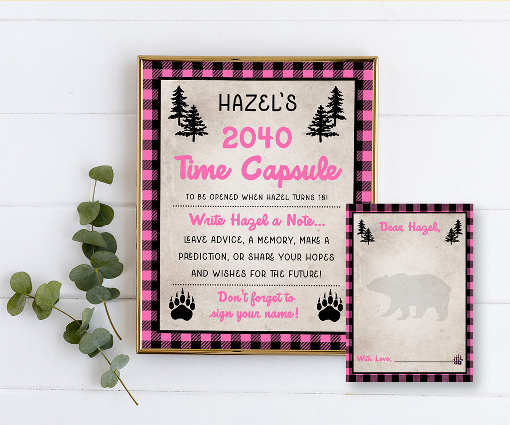 Pink buffalo plaid 1st birthday time capsule sign and message card.