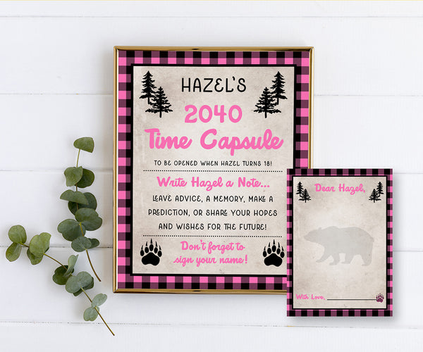 pink buffalo plaid 1st birthday time capsule sign and message card