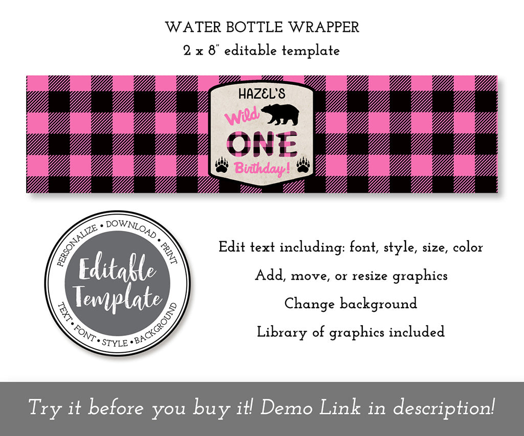 pink buffalo plaid wild one 1st birthday water bottle label editable template