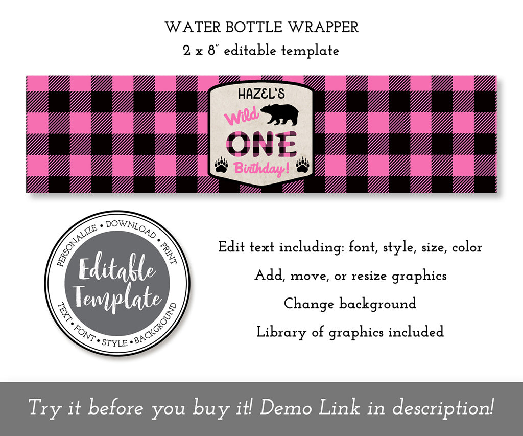 Pink buffalo plaid wild one 1st birthday water bottle label editable template.