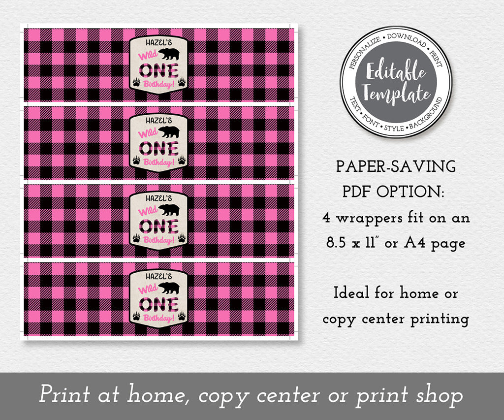 Paper saving download option for pink buffalo plaid wild one 1st birthday water bottle wrapper printable sheet.