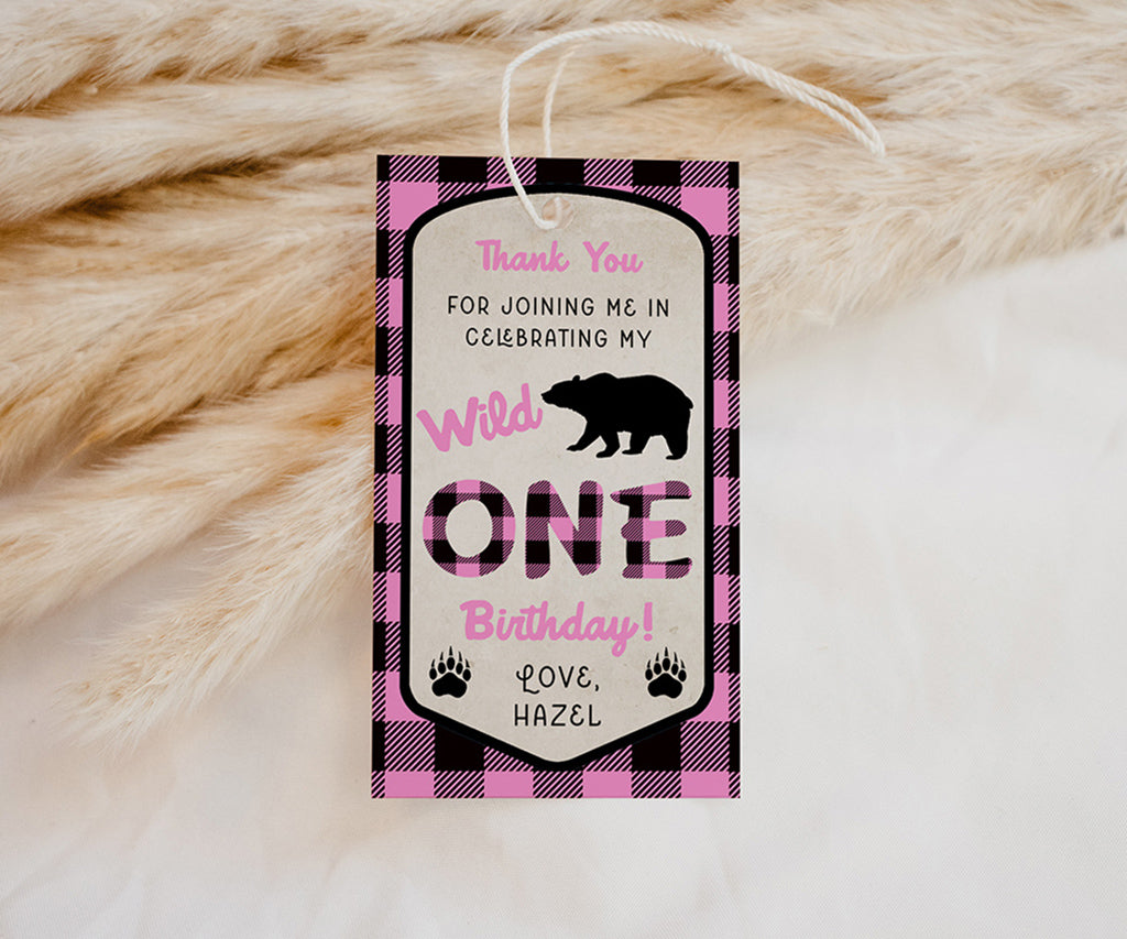 Pink plaid wild one birthday rectangle favor tag.