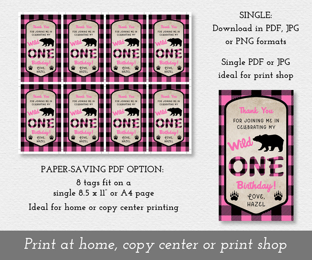 Pink buffalo plaid wild one 1st birthday favor tag paper saving download option.