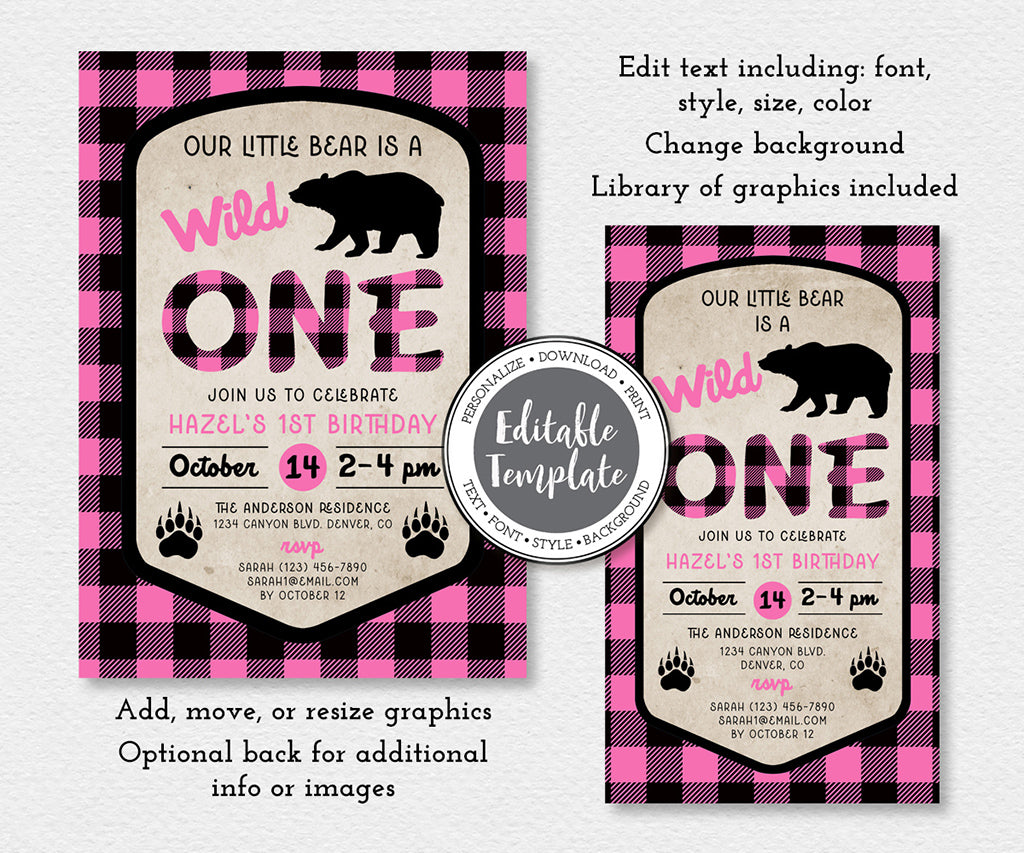 Pink buffalo plaid wild one 1st birthday invitation and evite editable templates.