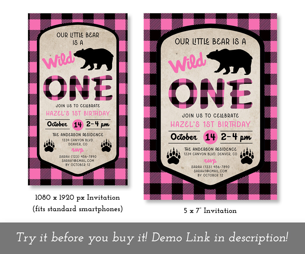 Pink buffalo plaid wild one 1st birthday invitation and evite with bear graphics templates.