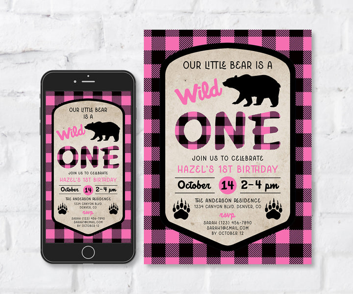 Pink Buffalo Plaid Birthday Invitation and Evite for Wild One 1st Birt ...