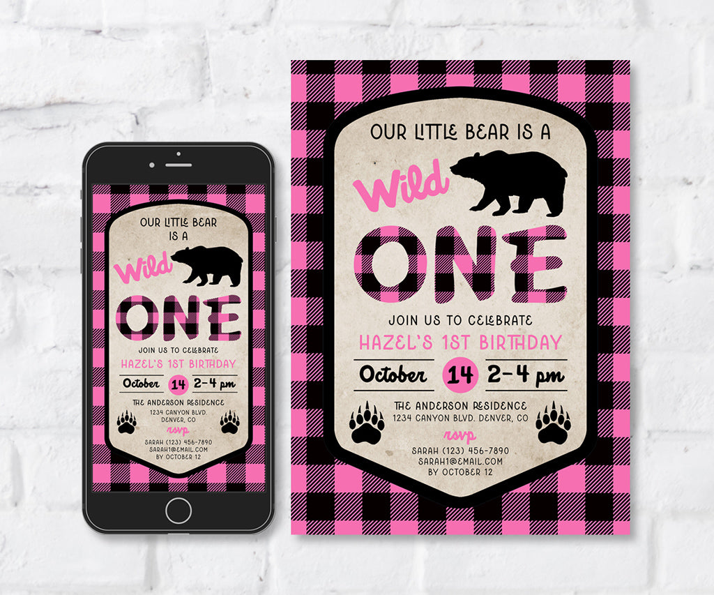 Pink buffalo plaid wild one 1st birthday invitation and evite with bear graphics.