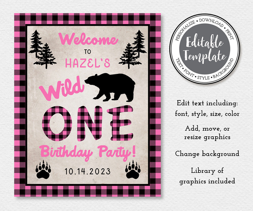 Pink buffalo plaid wild one birthday welcome sign with rustic bear and woodland graphics editable template.