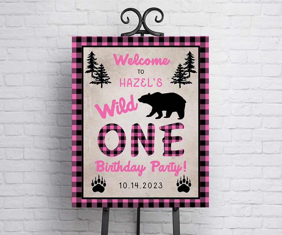 pink plaid wild one 1st birthday welcome sign