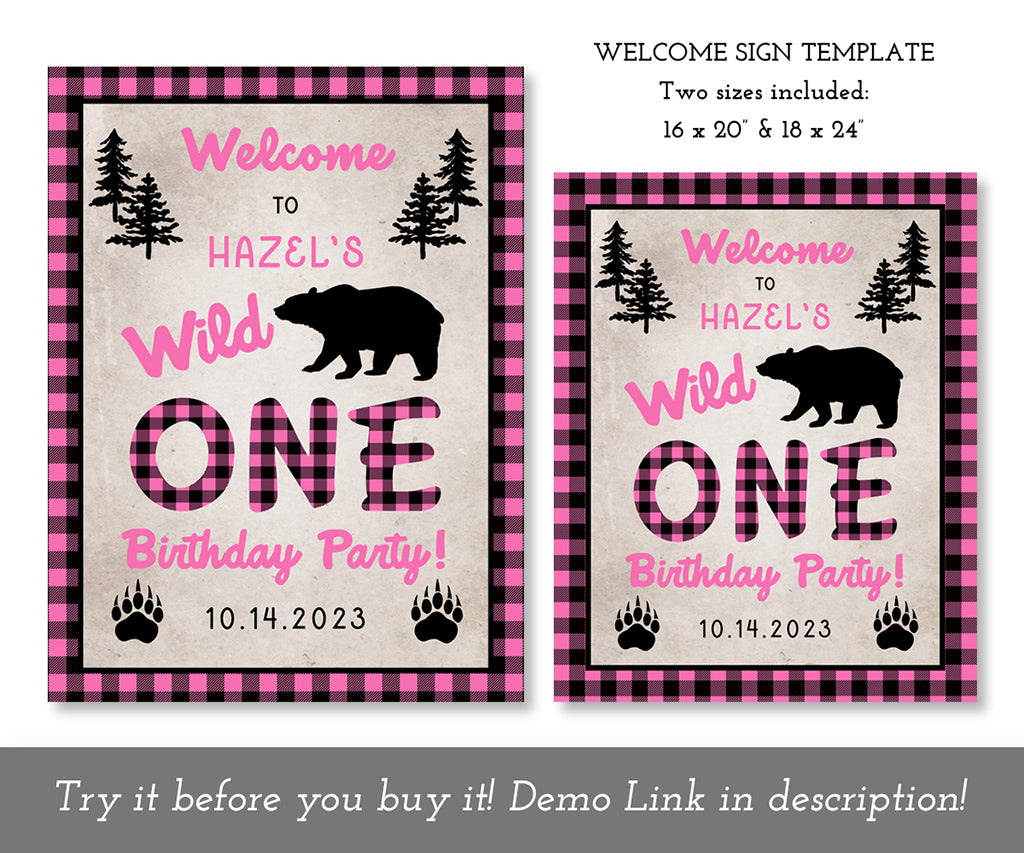 pink plaid wild one 1st birthday welcome sign template in two sizes