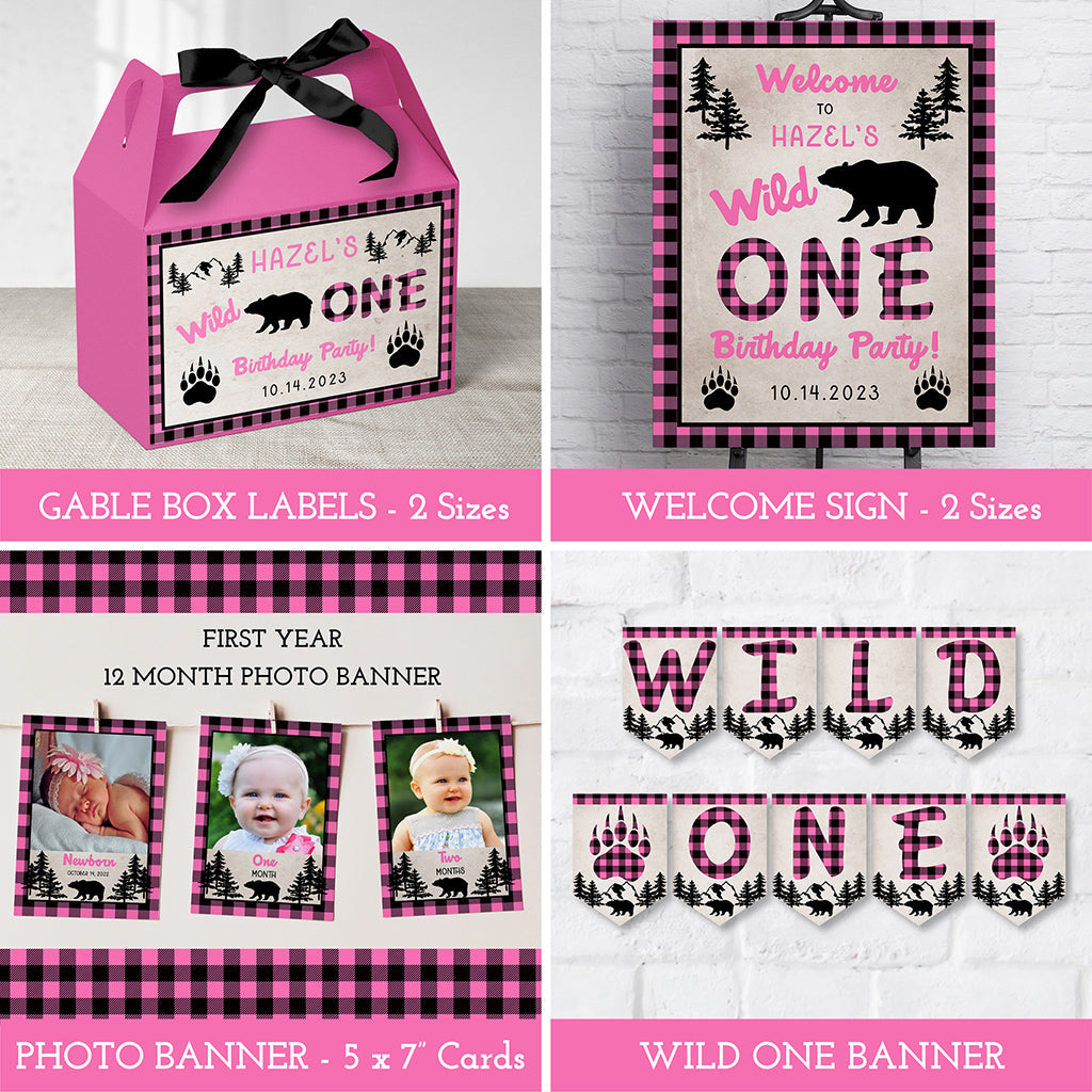 Pink plaid wild one birthday labels and banner templates.