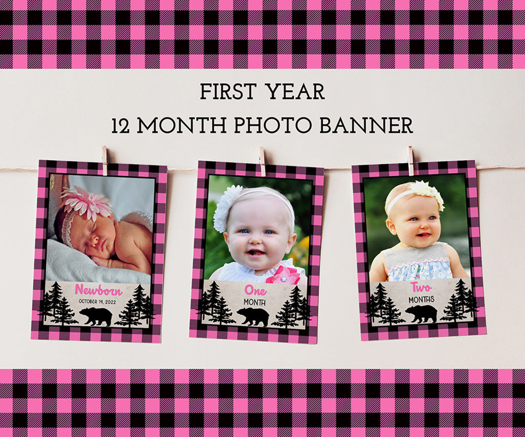 Pink buffalo plaid wild one first year photo banner.