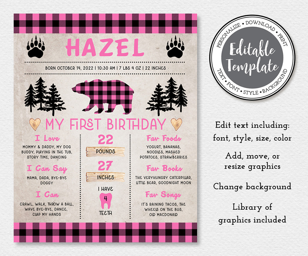 Pink buffalo plaid first year milestone sign editable template.
