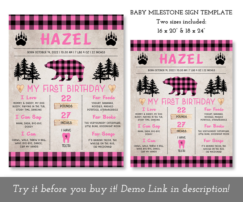 Pink plaid baby milestone sign template in two sizes.