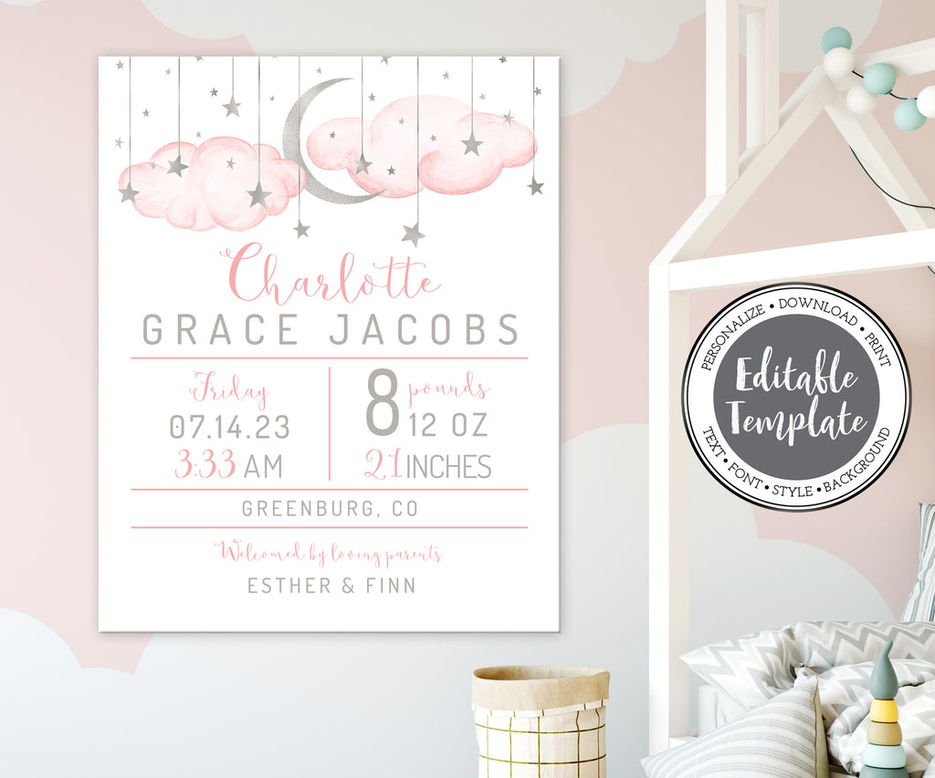 birth stats nursery wall art print with pink clouds, silver moon and stars and birth details