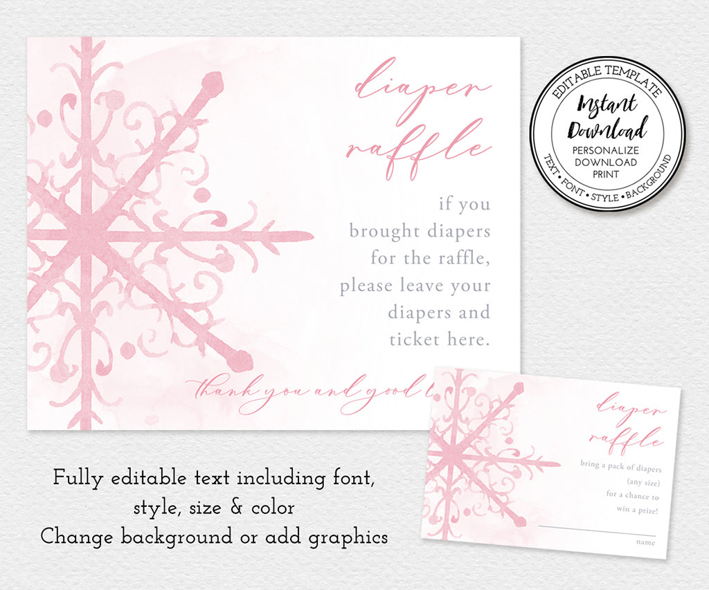 Pink snowflake diaper raffle sign and card baby shower game editble templates.